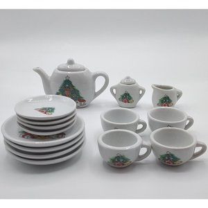 VTG Child's 17 pc Christmas Play Tea Set Teddy Gifts & Tree Cup Saucer Plate etc